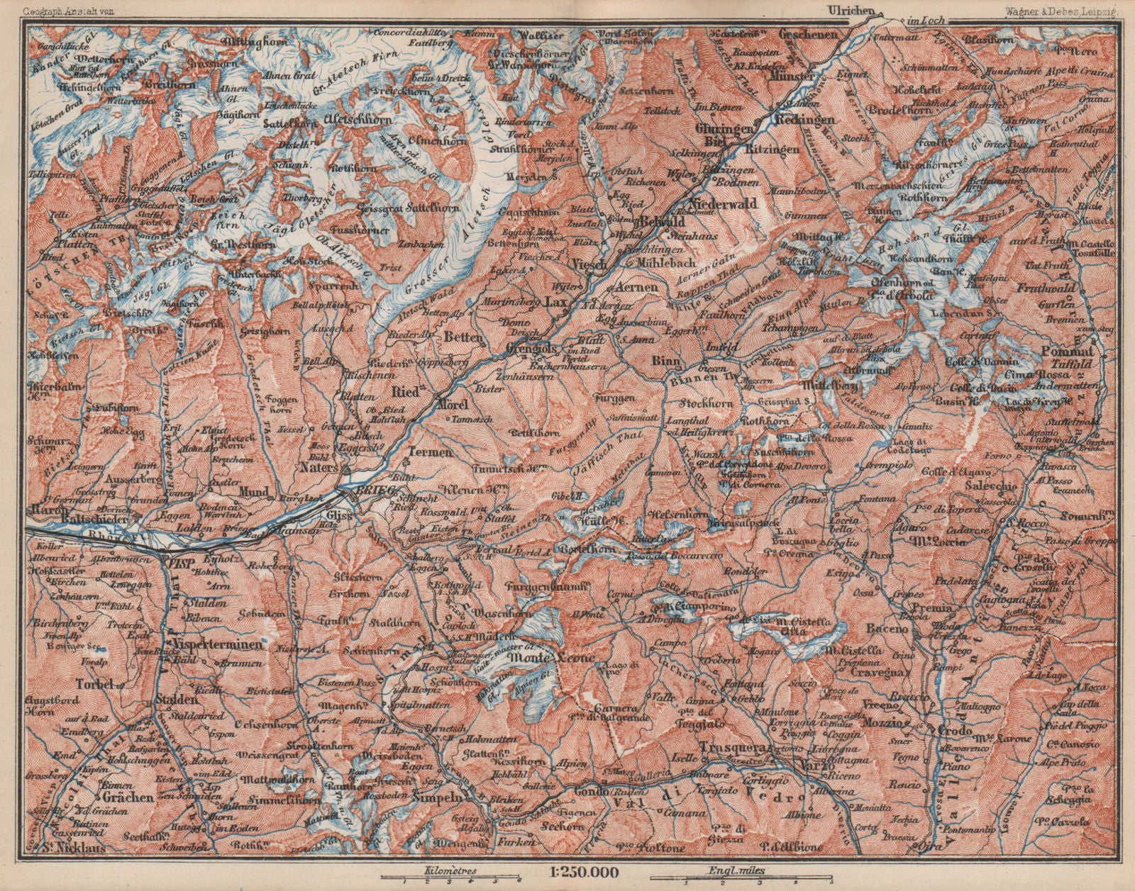 UPPER VALAIS. Grächen Aletschhorn Ofenhorn Brieg Niederwald Ried Rhone 1889 map